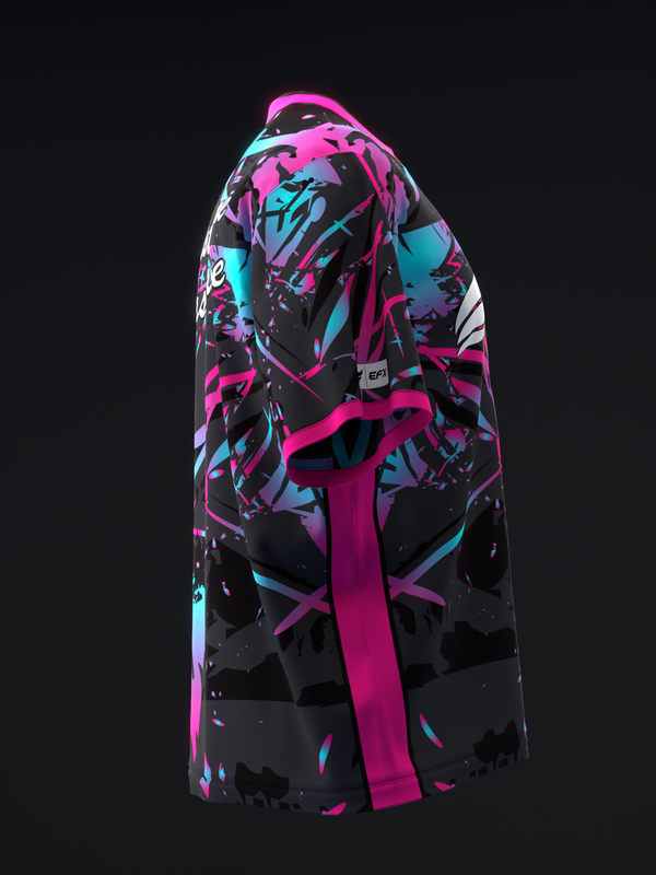 Black bowling jersey with neon pink and cyan abstract graphic pattern, back view