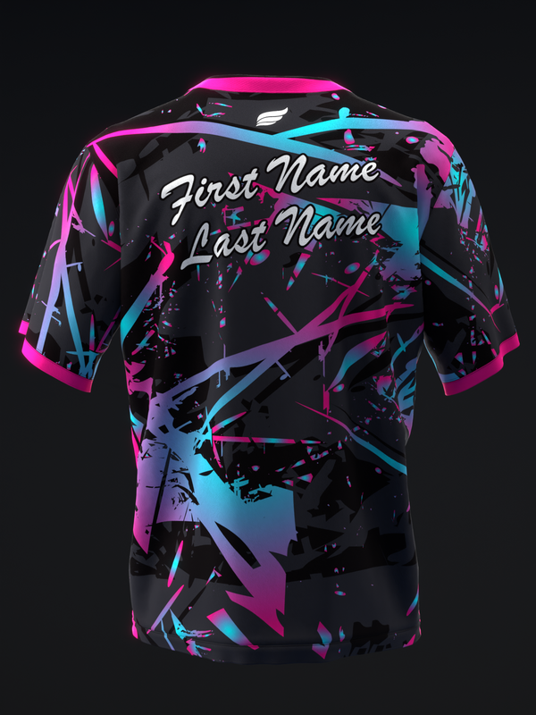 Black bowling jersey with neon pink, cyan, and purple abstract splatter design