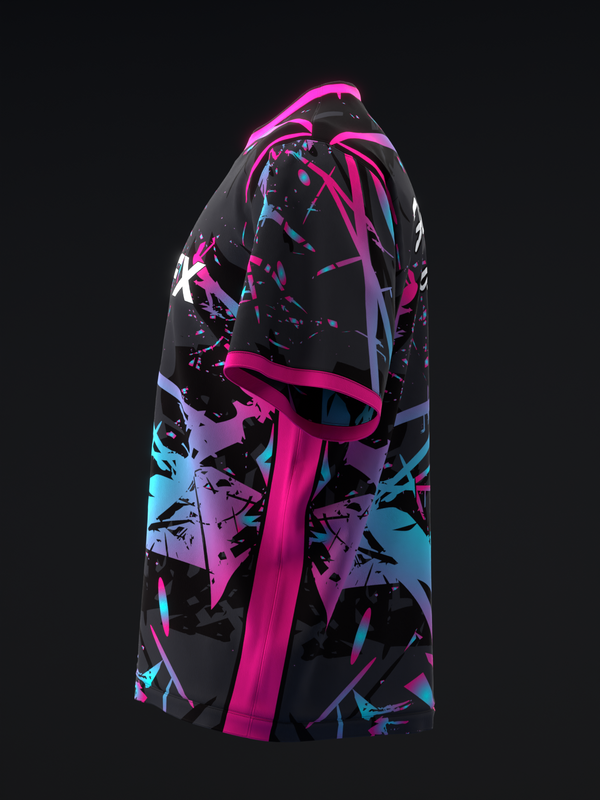 Black bowling jersey with neon pink and blue abstract splatter design, side view