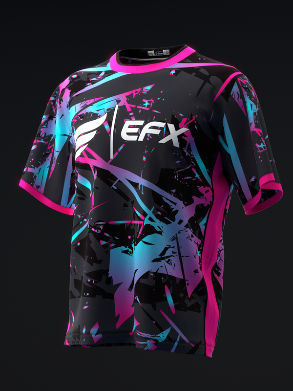 Black bowling jersey with neon pink, cyan, and purple abstract geometric pattern front view