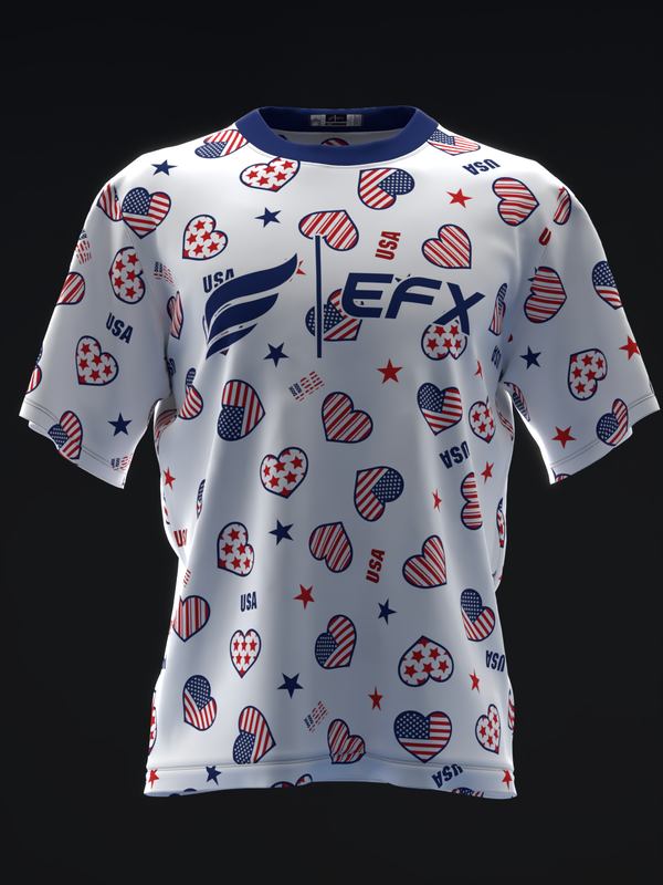 White bowling jersey with patriotic heart and star pattern in red and blue