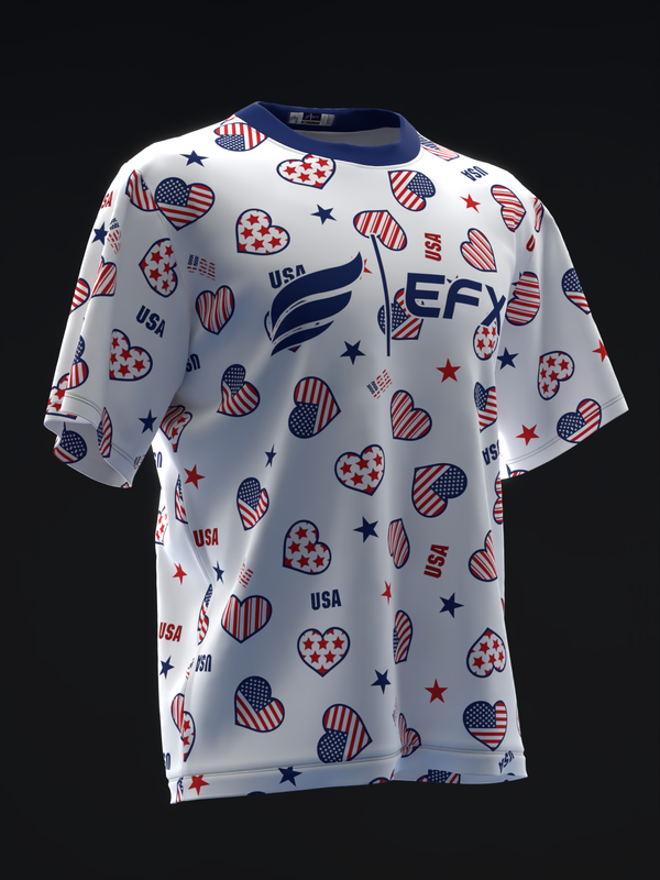 White bowling jersey with patriotic hearts, stars, and USA text pattern front view
