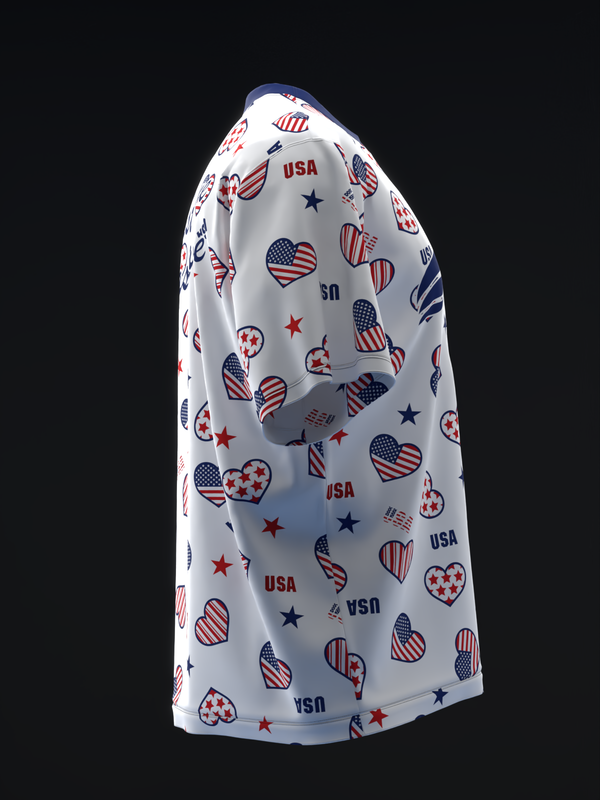 White bowling jersey with red, white, and blue patriotic hearts, stars, and USA text pattern