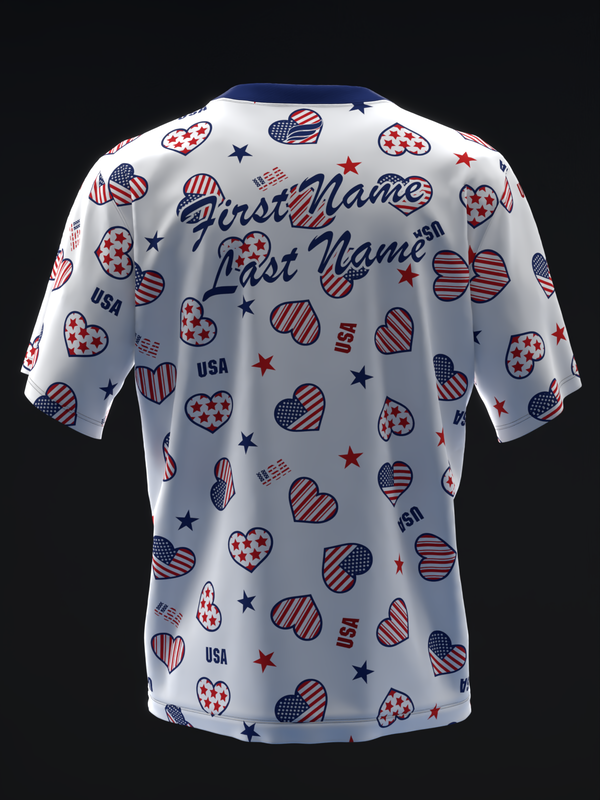 White bowling jersey with patriotic hearts, stars, and USA text pattern, back view