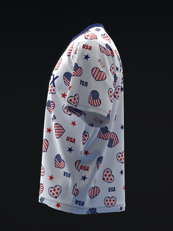 White bowling jersey with red, white, and blue patriotic hearts, stars, and USA text pattern