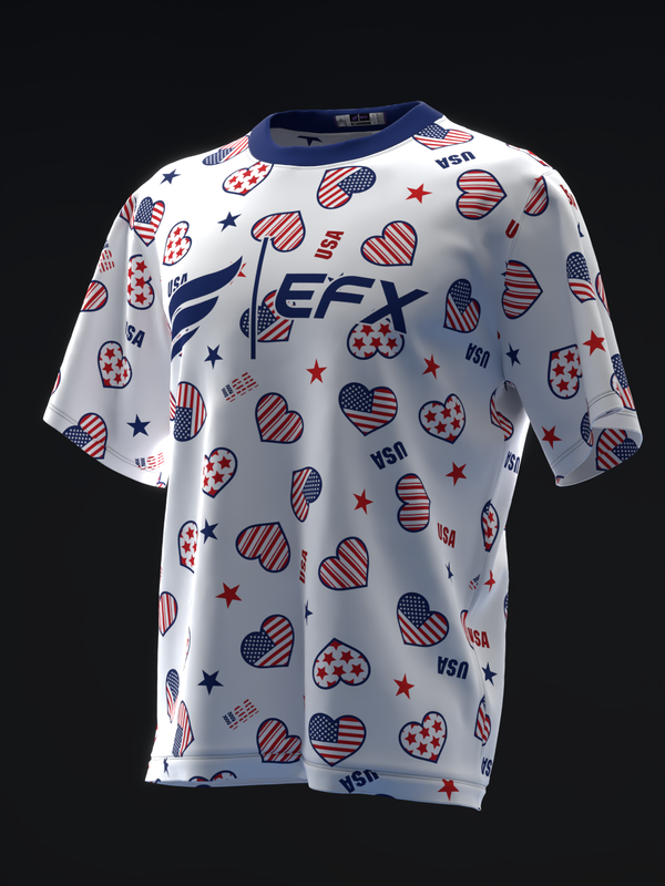 White bowling jersey with red, white and blue patriotic heart pattern and stars
