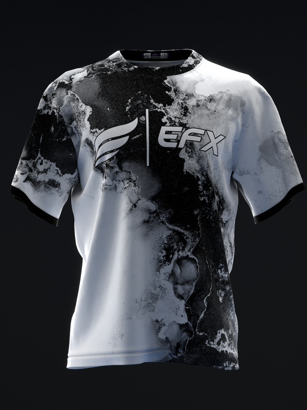 Black and white marbled bowling jersey with EFX logo, front view
