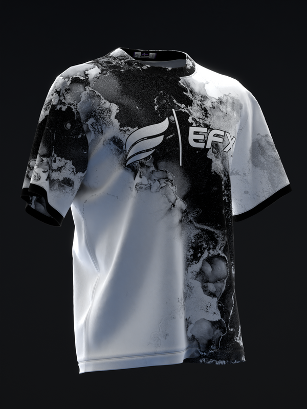 Black and white marble-patterned bowling jersey with EFX logo, front view