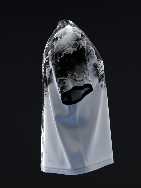 White bowling jersey with black marble texture pattern, front view