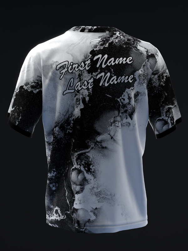 White bowling jersey with black marble texture design and personalized name placement