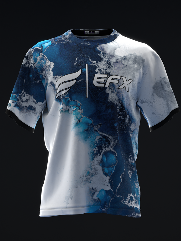 Blue and white bowling jersey with abstract marble and cloud pattern design front view