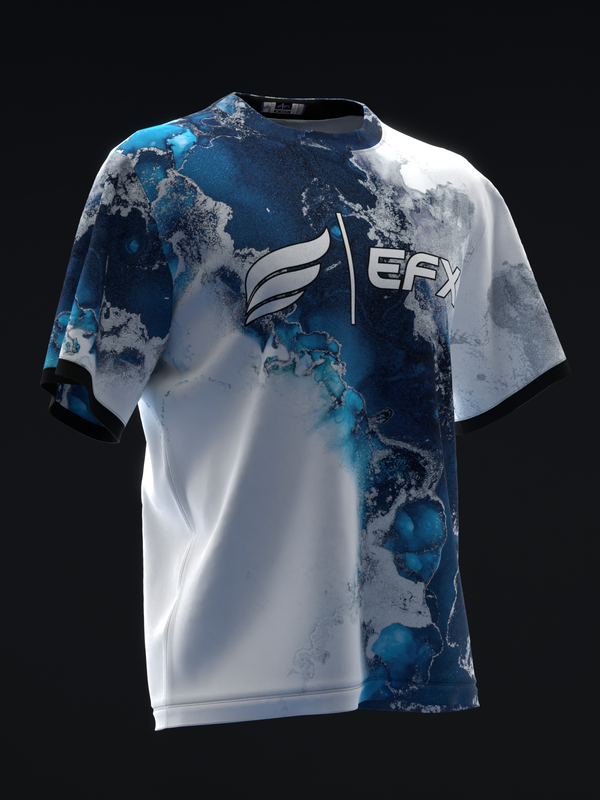 Blue and white bowling jersey with marble texture and EFX logo, front view
