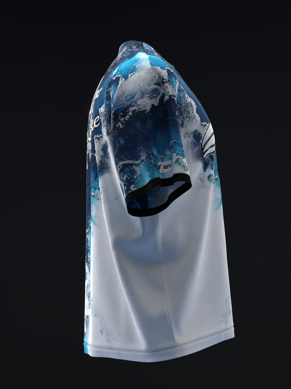White bowling jersey with blue marble pattern design, front view