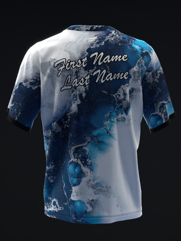White and blue marble-patterned bowling jersey with personalized name text, back view
