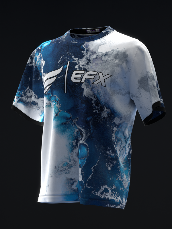 Blue and white marbled bowling jersey with EFX logo on front, shown from front view