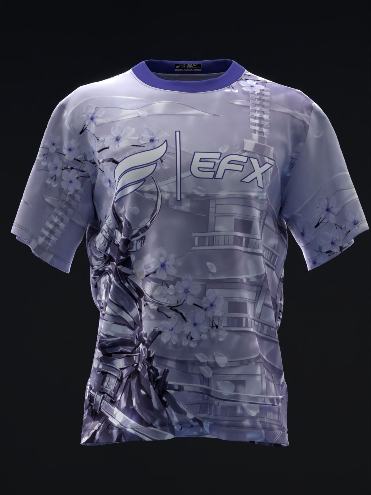 Lavender bowling jersey with EFX branding and metallic samurai graphic design, front view