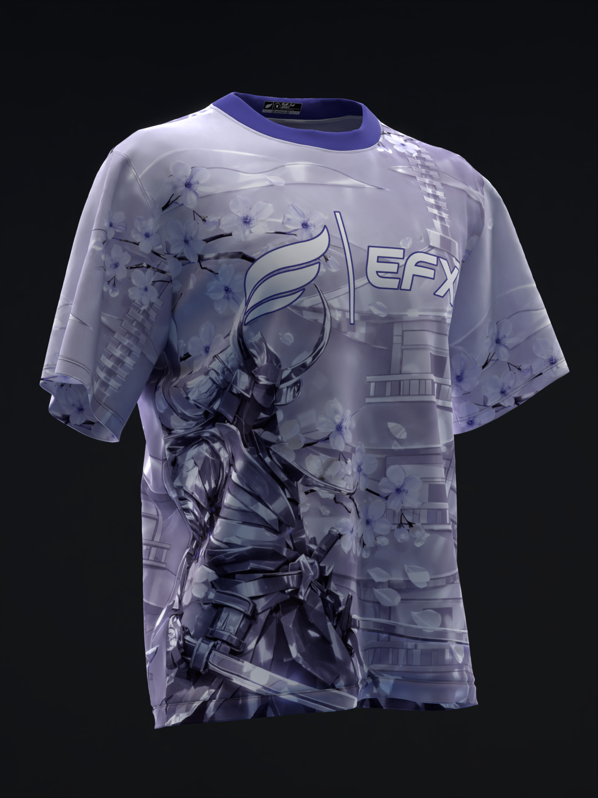 Lavender bowling jersey with samurai graphic and EFX logo, front view