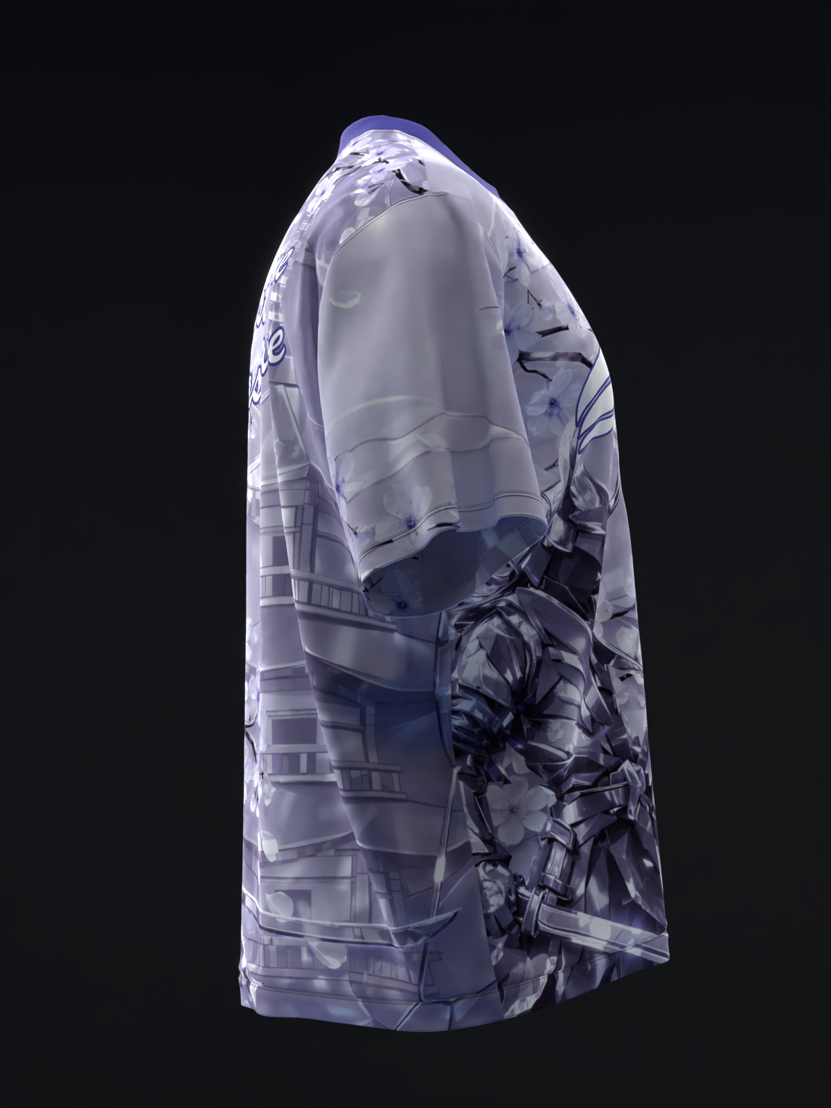 Lavender bowling jersey with metallic samurai graphic, side view