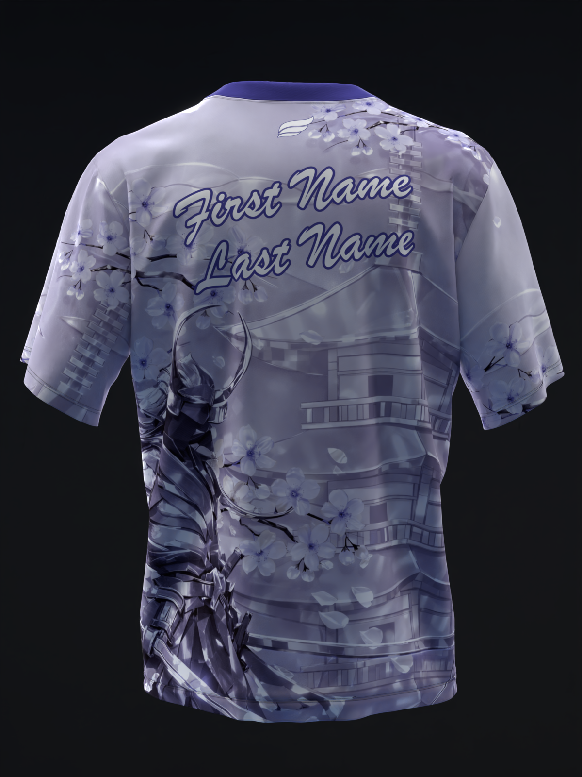 Back view of lavender bowling jersey with metallic samurai graphic and name lines