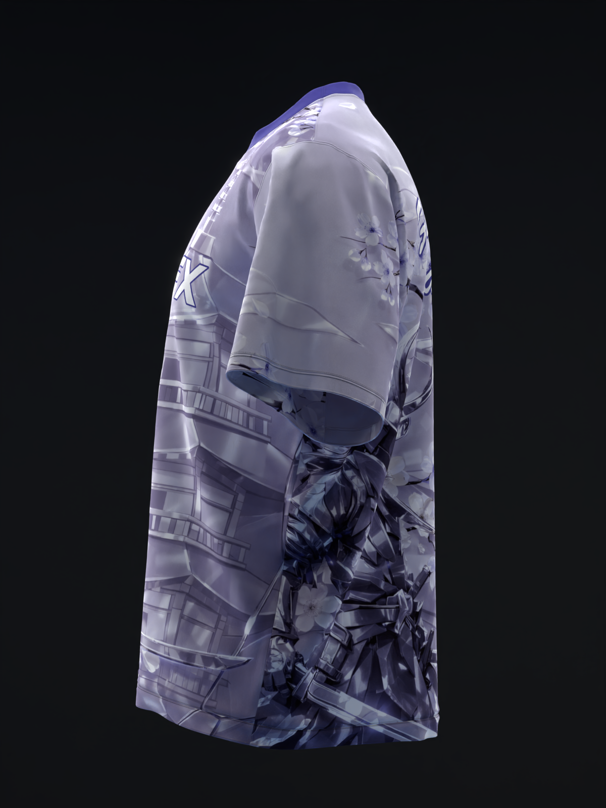 Lavender bowling jersey with metallic samurai graphic on side view