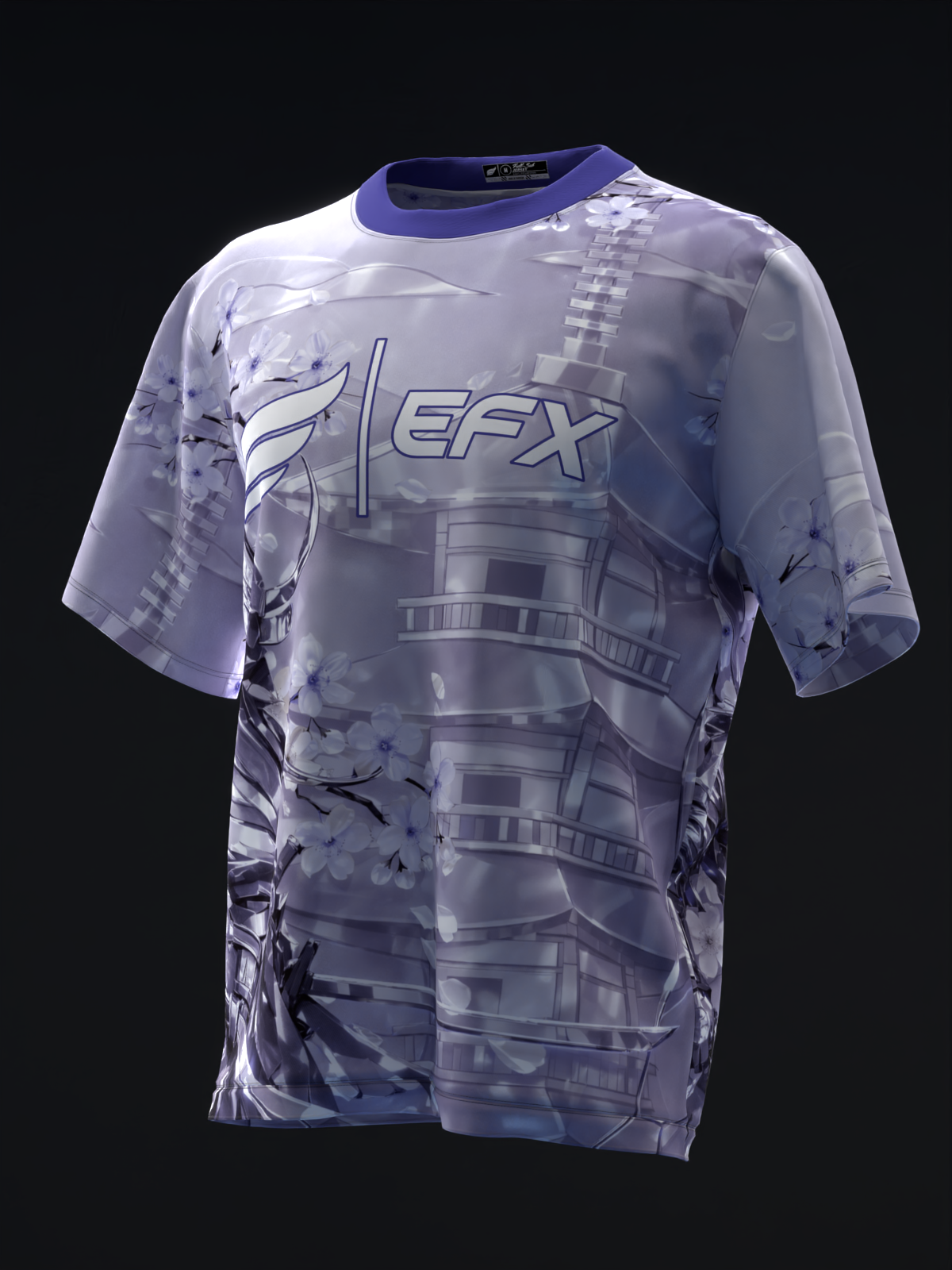 Lavender bowling jersey with metallic samurai and architectural graphic design, front view