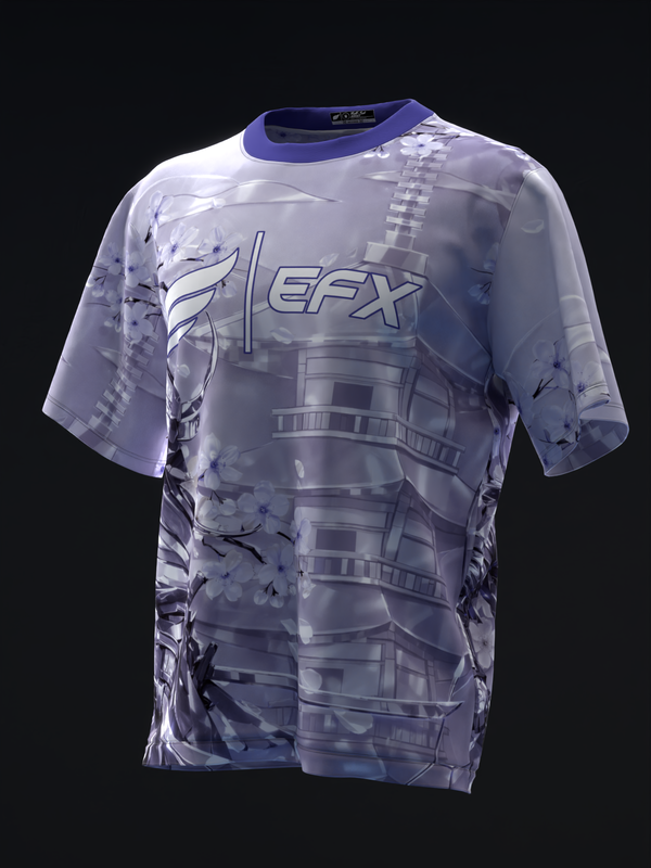 Lavender bowling jersey with metallic samurai and architectural graphic design, front view