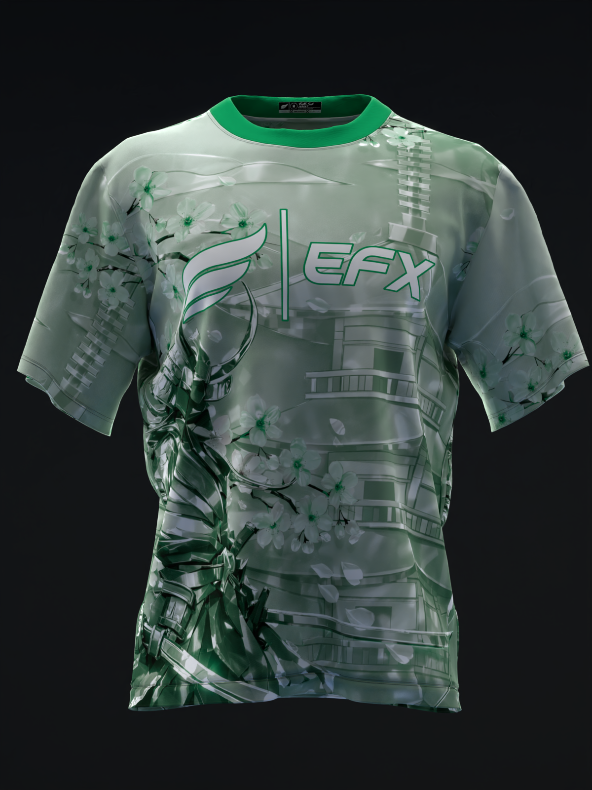 Mint green bowling jersey with EFX logo and abstract metallic samurai graphic design, front view
