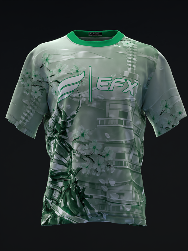 Mint green bowling jersey with EFX logo and abstract metallic samurai graphic design, front view