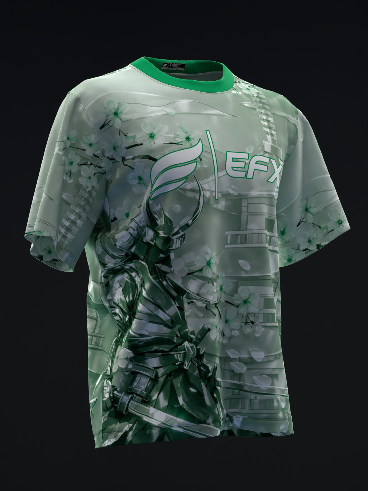 Mint green bowling jersey with samurai graphic and EFX logo, front view