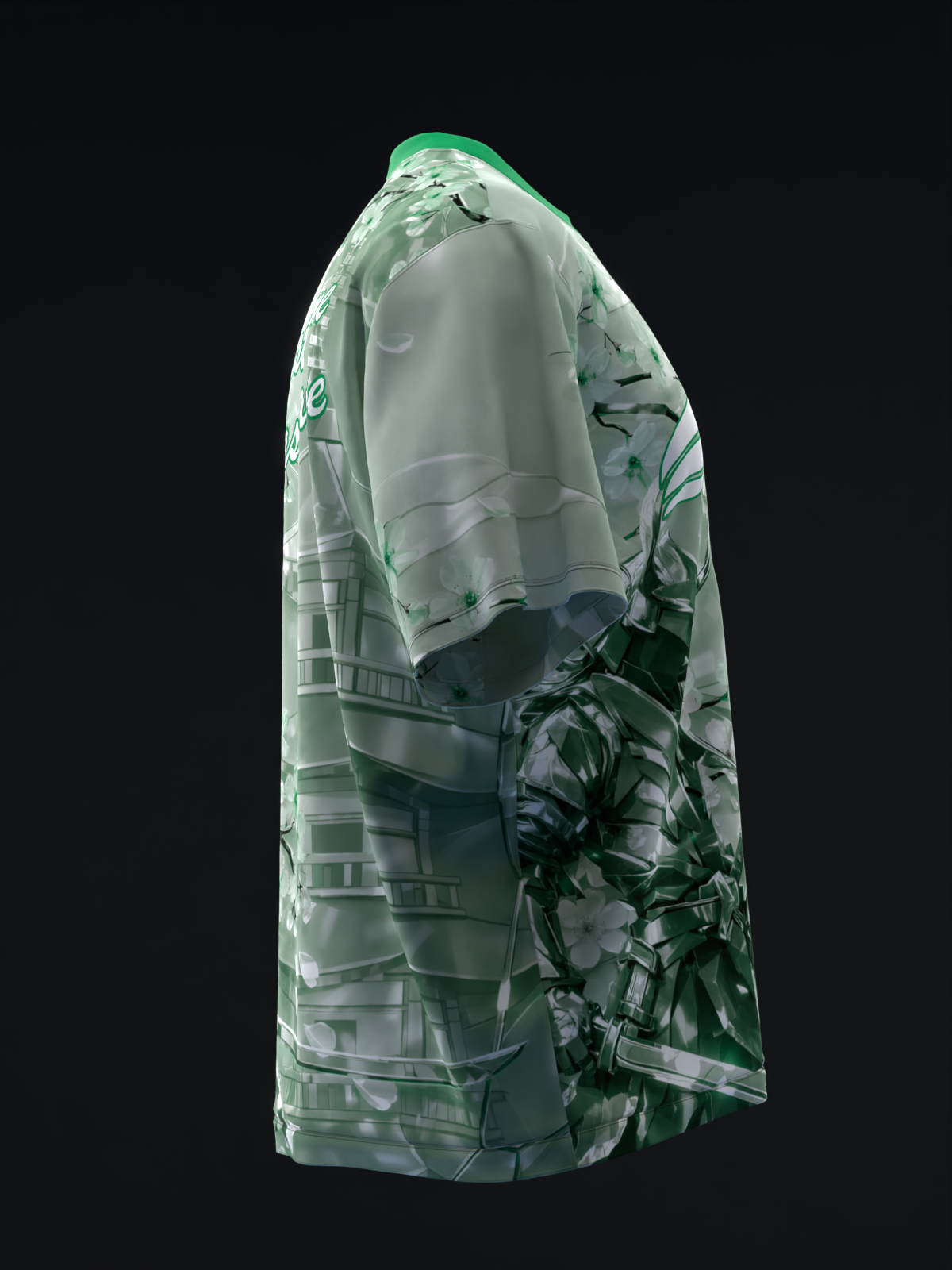 Mint bowling jersey with metallic samurai graphic and geometric pattern, side view