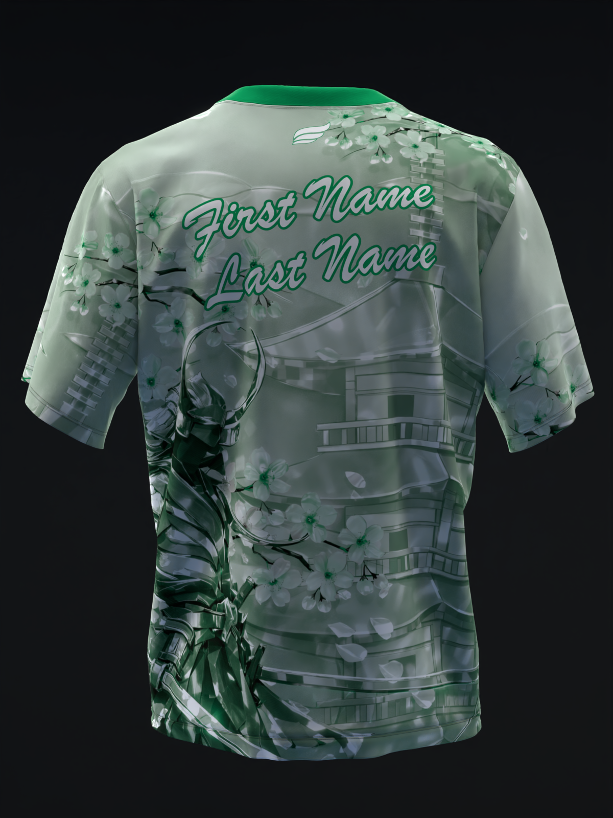 Mint green bowling jersey with samurai and floral graphic design on back
