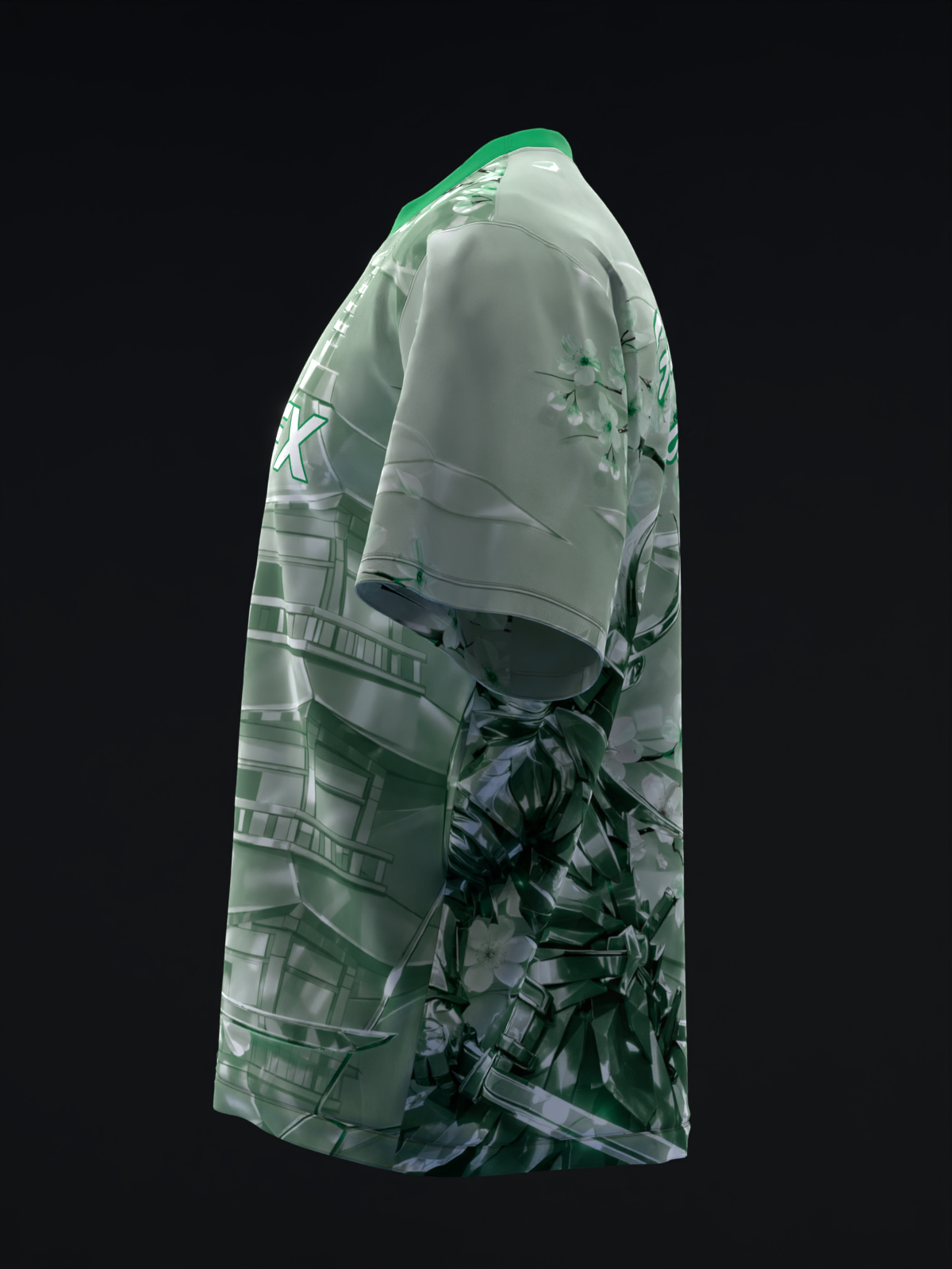 Mint green bowling jersey with geometric and samurai graphic design, side view