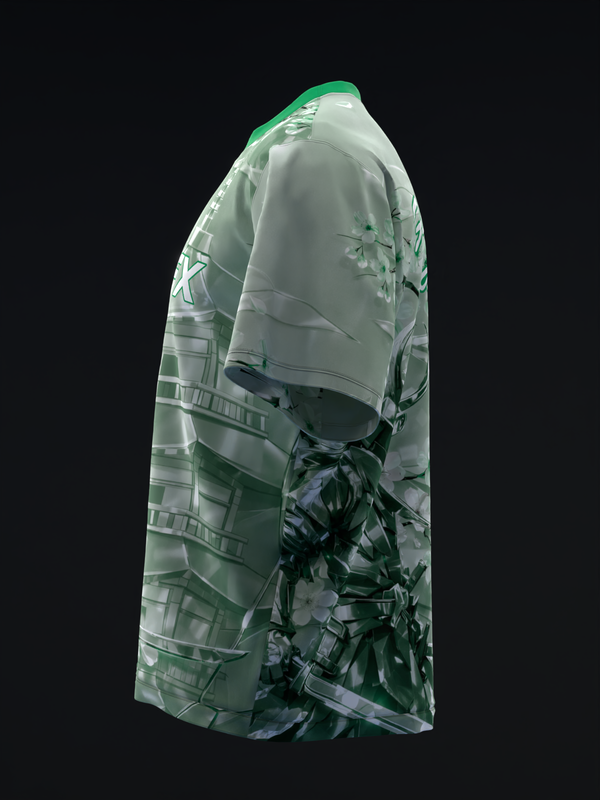 Mint green bowling jersey with geometric and samurai graphic design, side view