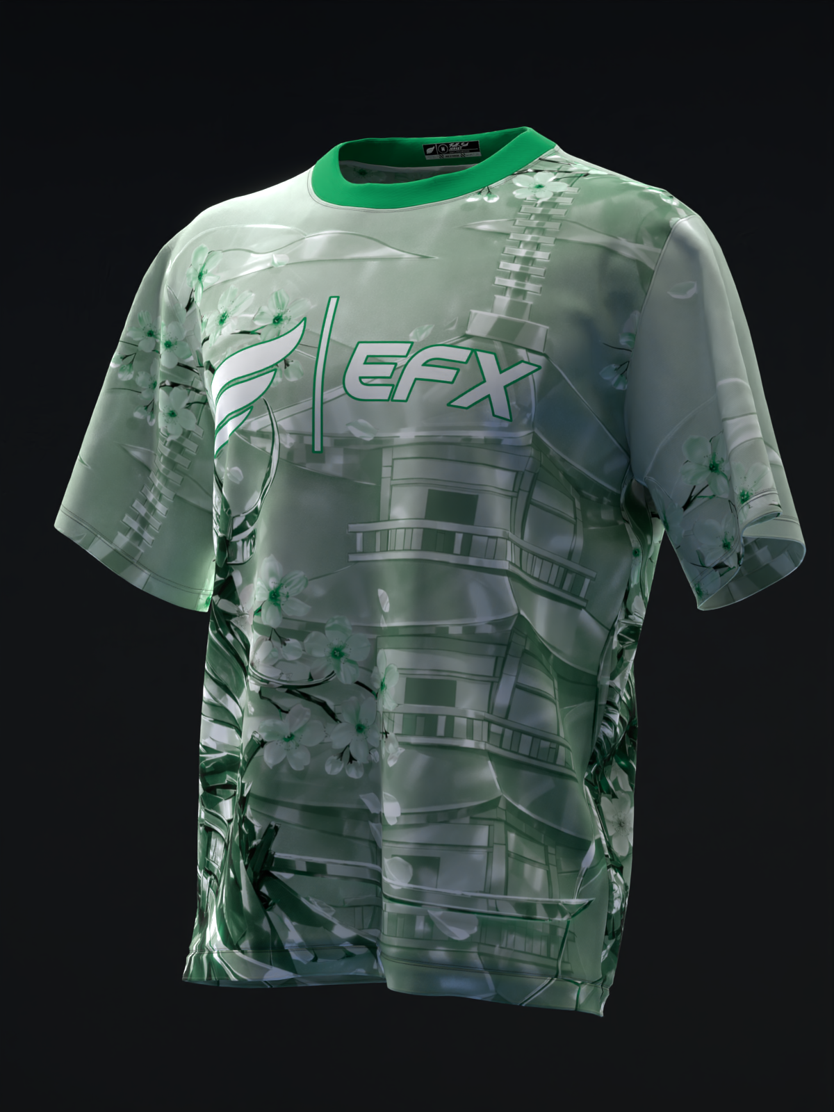 Mint green bowling jersey with EFX logo and geometric samurai-inspired graphic design
