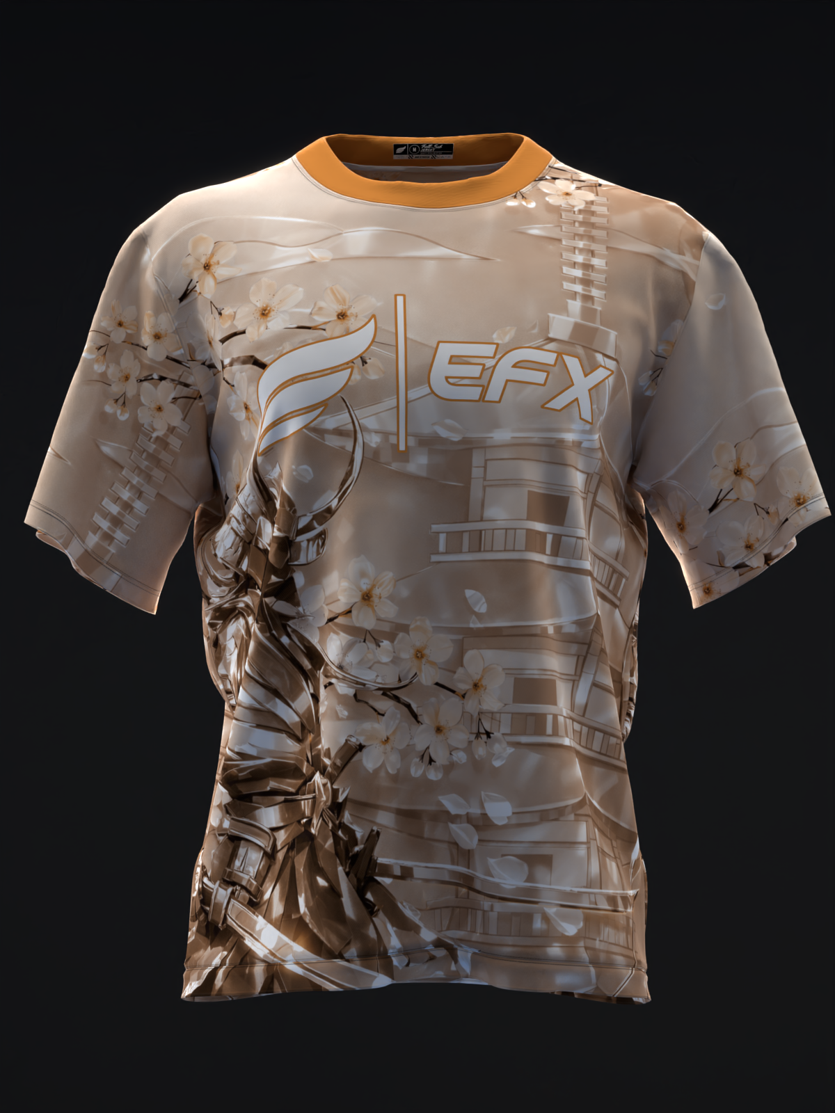 Peach bowling jersey with EFX logo and metallic samurai graphic design, front view