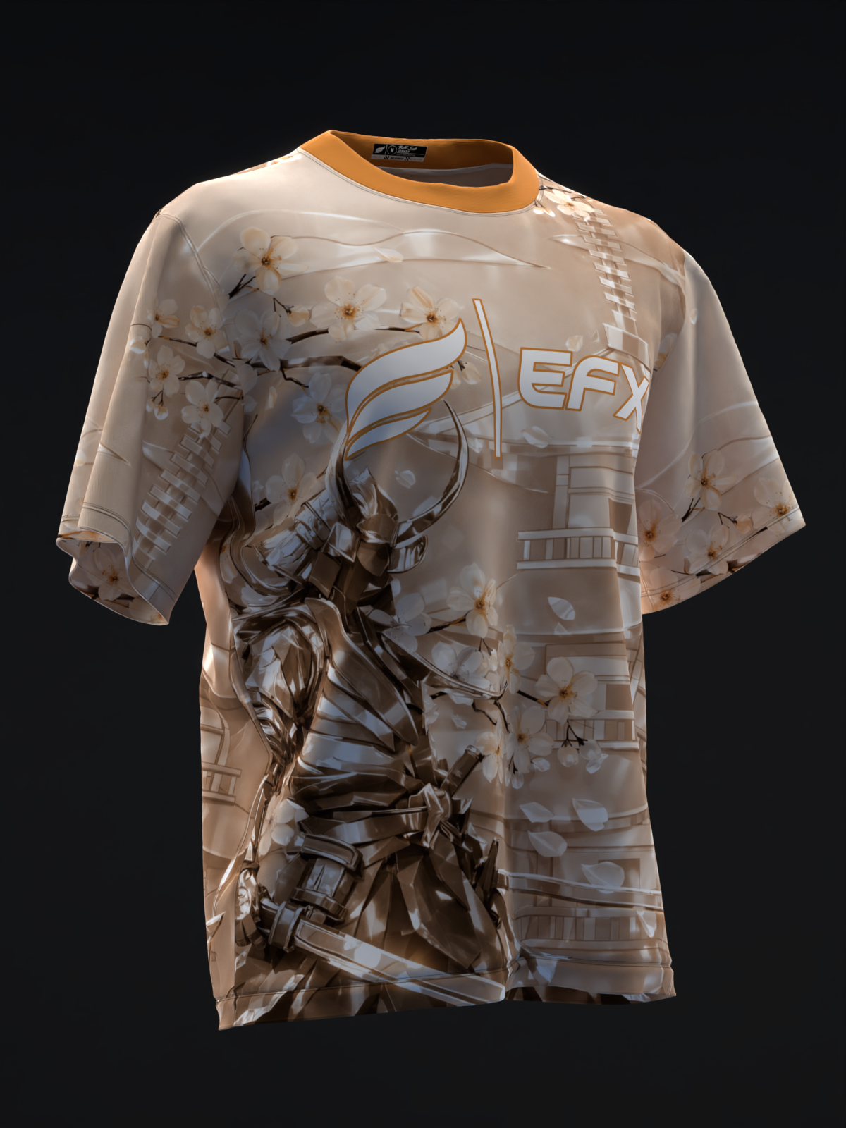 Peach bowling jersey with metallic samurai graphic and EFX logo, front view