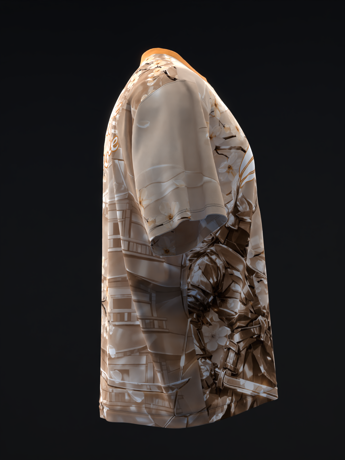 Cream bowling jersey with metallic peach trim and samurai graphic, side view