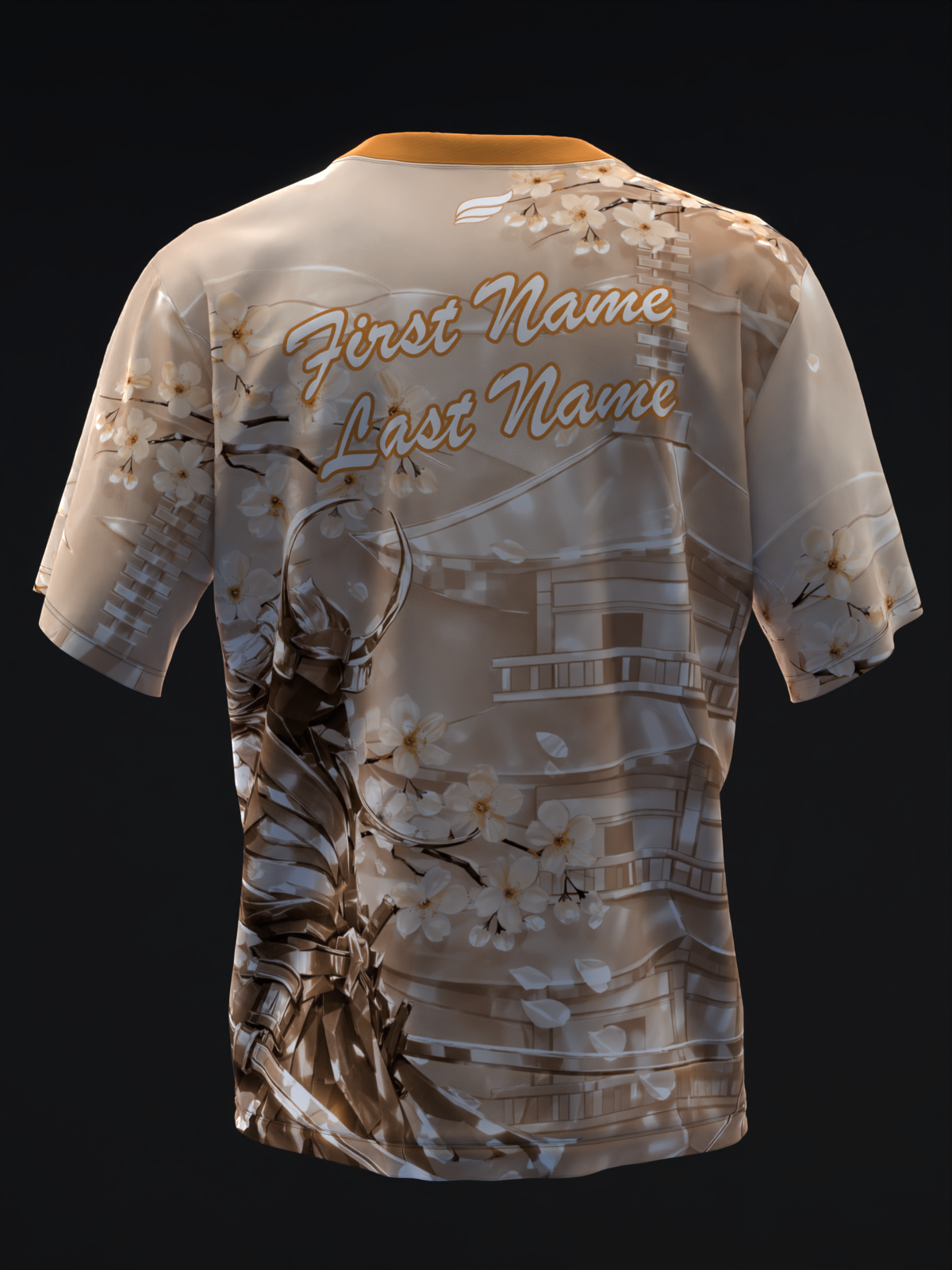 Peach bowling jersey with metallic brown samurai and floral design, back view