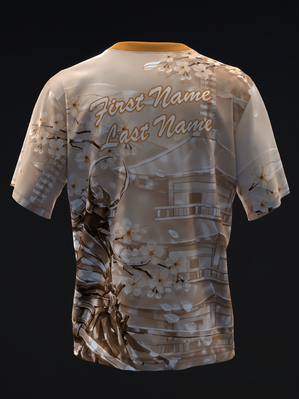 Peach bowling jersey with metallic brown samurai and floral design, back view