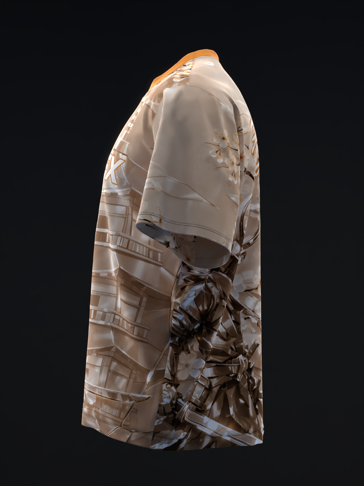 Peach and cream bowling jersey with metallic geometric and samurai graphic, side view
