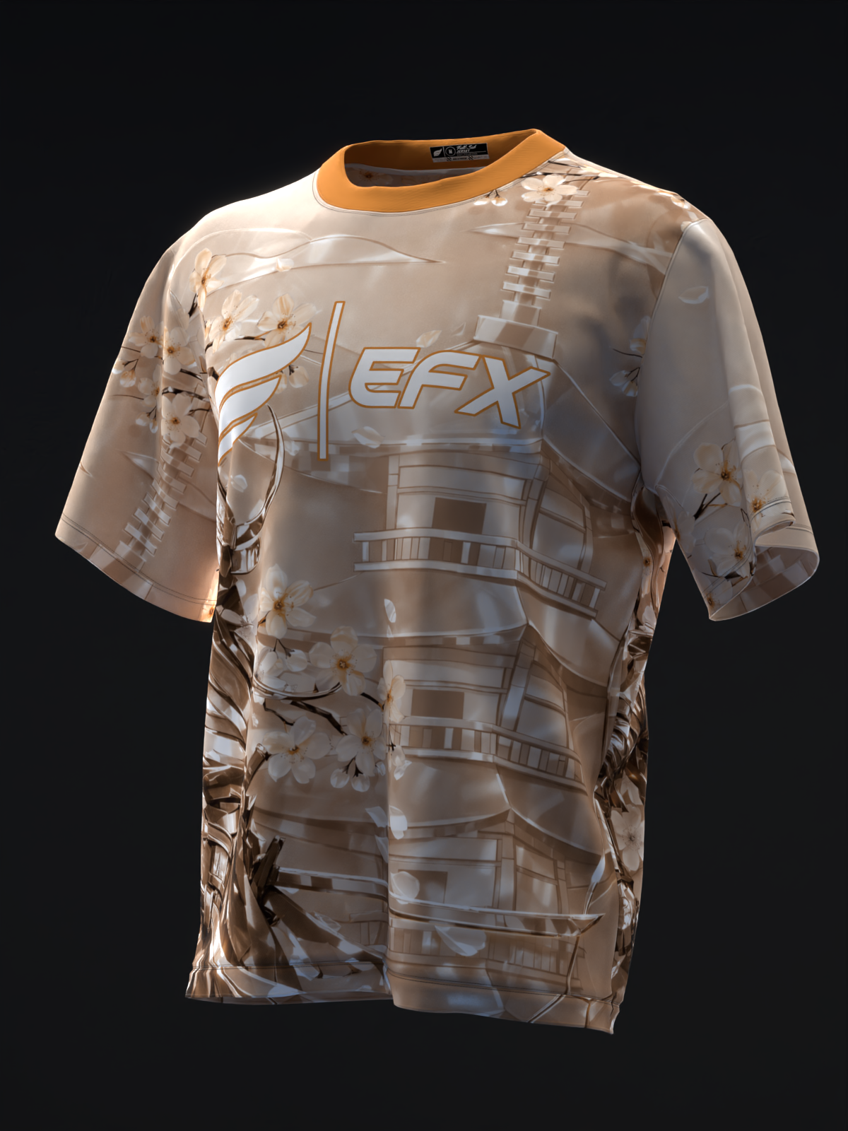 Peach bowling jersey with metallic samurai and geometric pattern design, front view