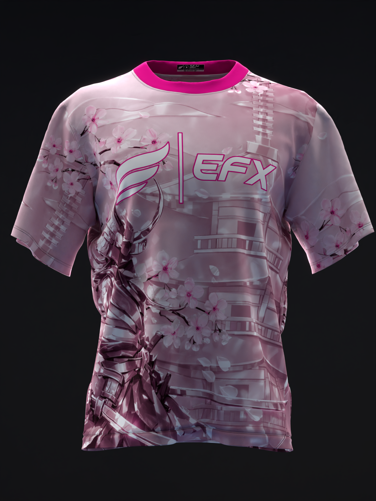 Pink bowling jersey with EFX logo and floral samurai graphic design, front view