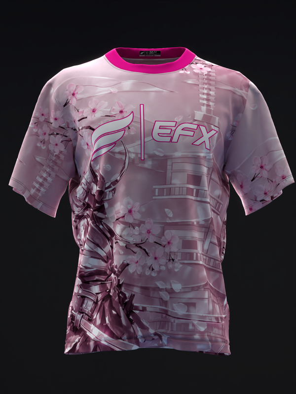 Pink bowling jersey with EFX logo and floral samurai graphic design, front view