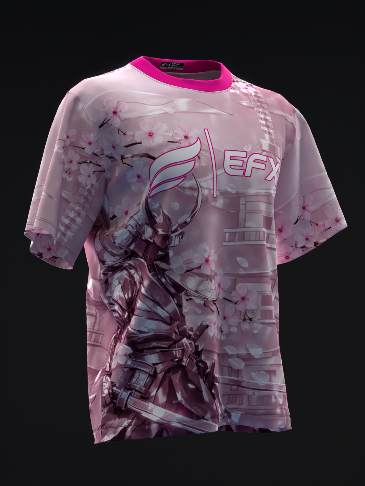 Pink bowling jersey with samurai graphic and cherry blossoms, front view