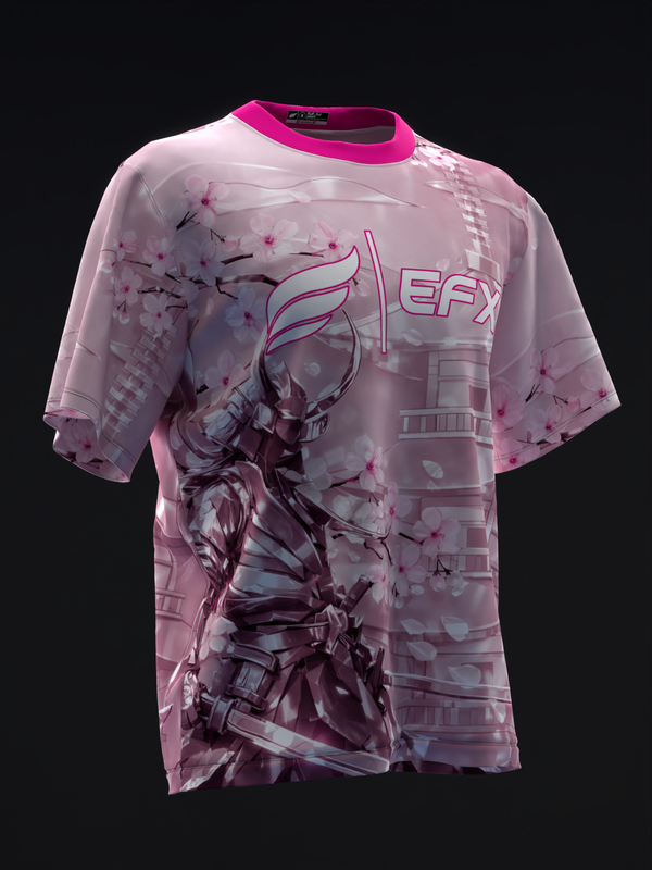 Pink bowling jersey with samurai graphic and cherry blossoms, front view