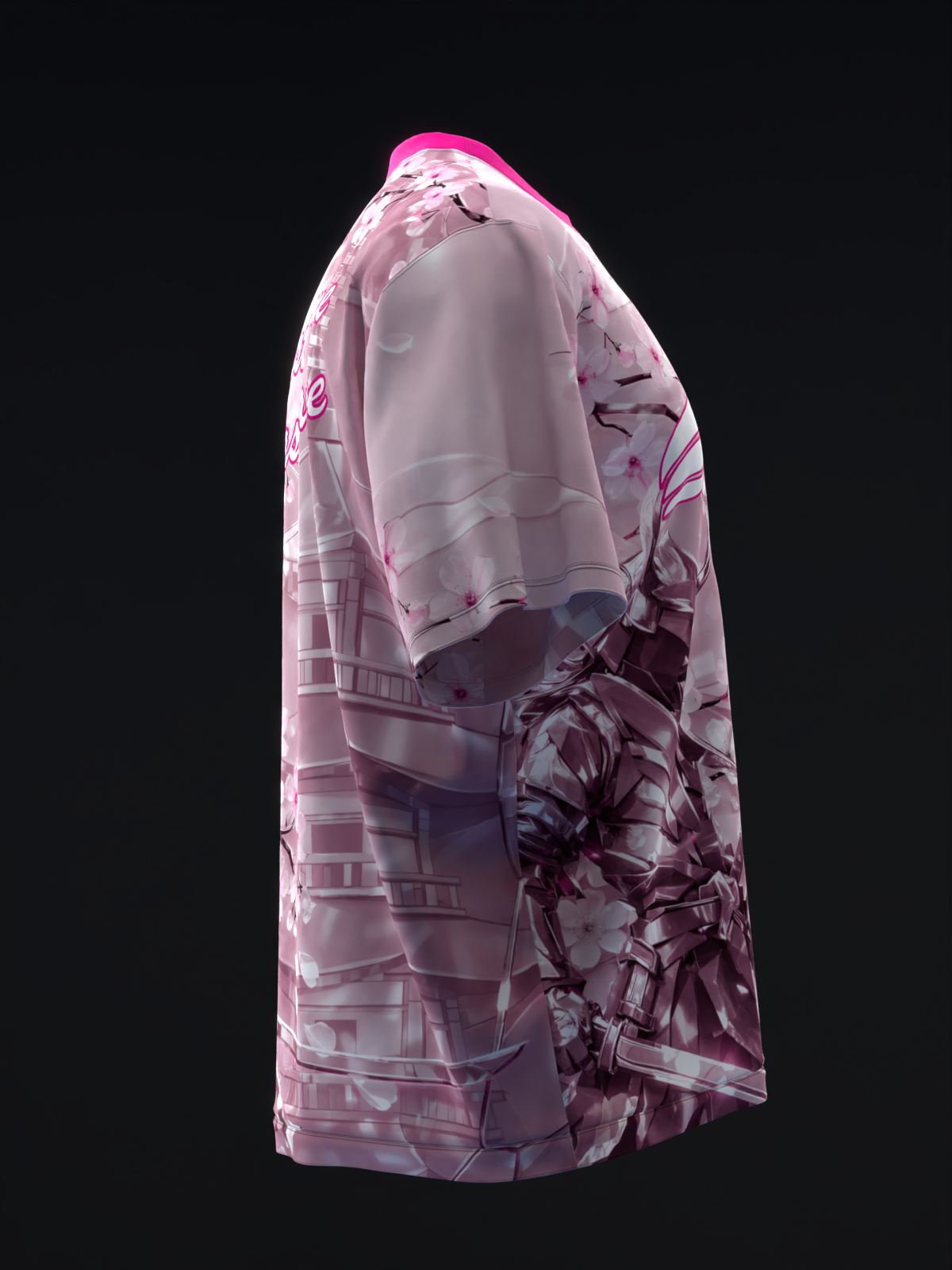 Pink bowling jersey with metallic samurai graphic and geometric pattern, side view