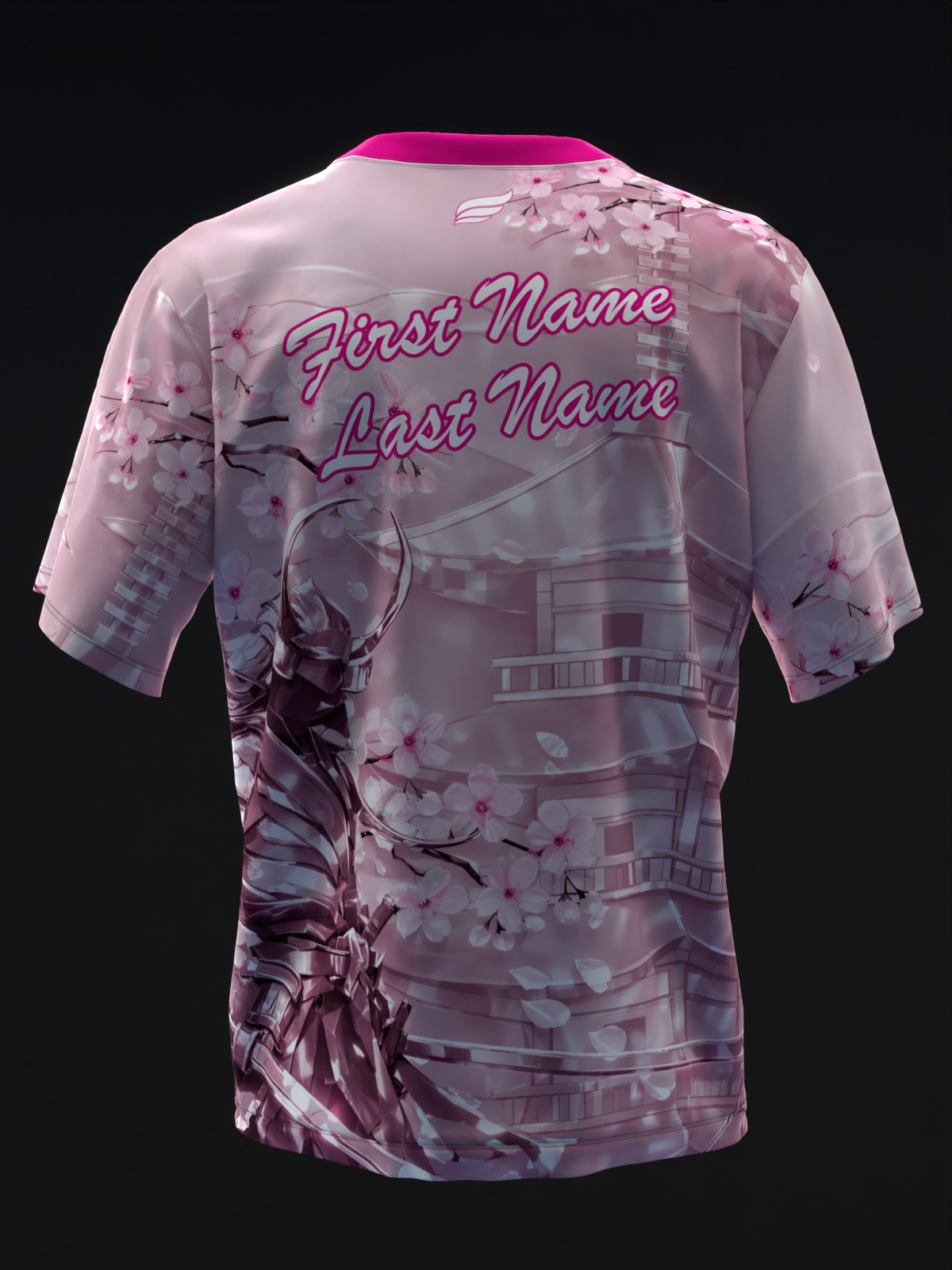 Pink bowling jersey with cherry blossom and building design, back view
