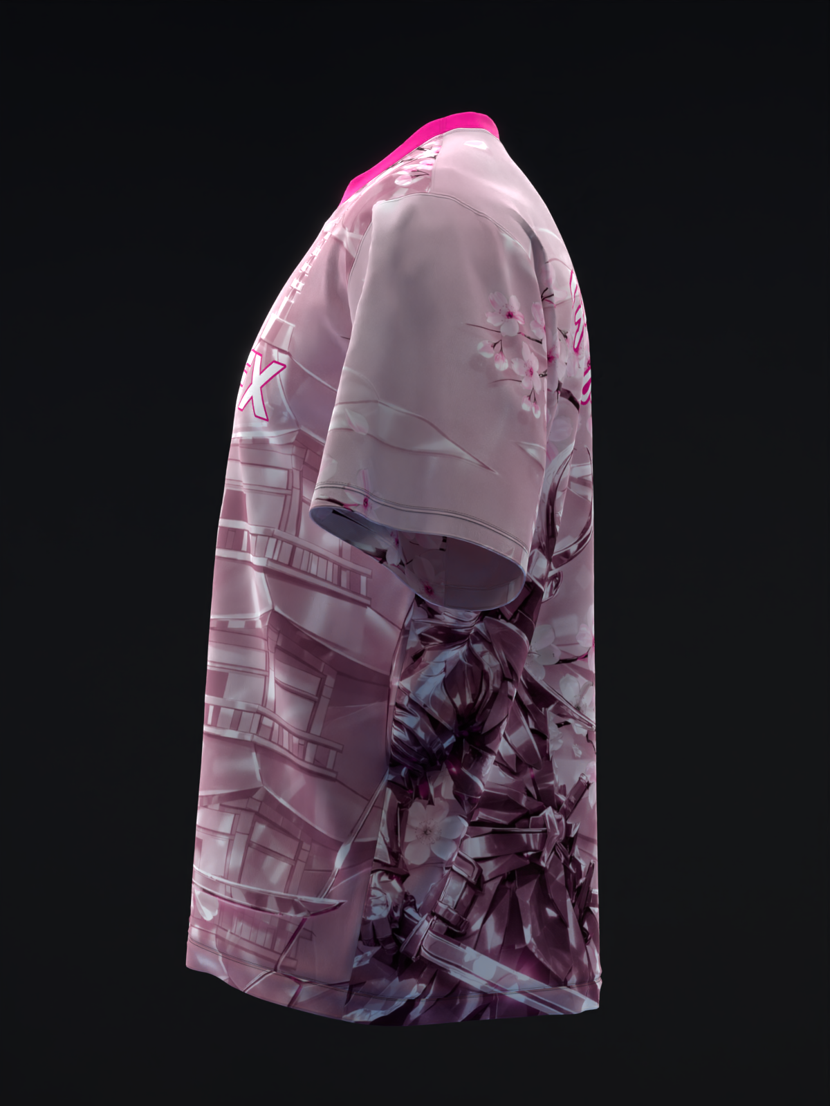 Pink bowling jersey with geometric and samurai graphic design, side view