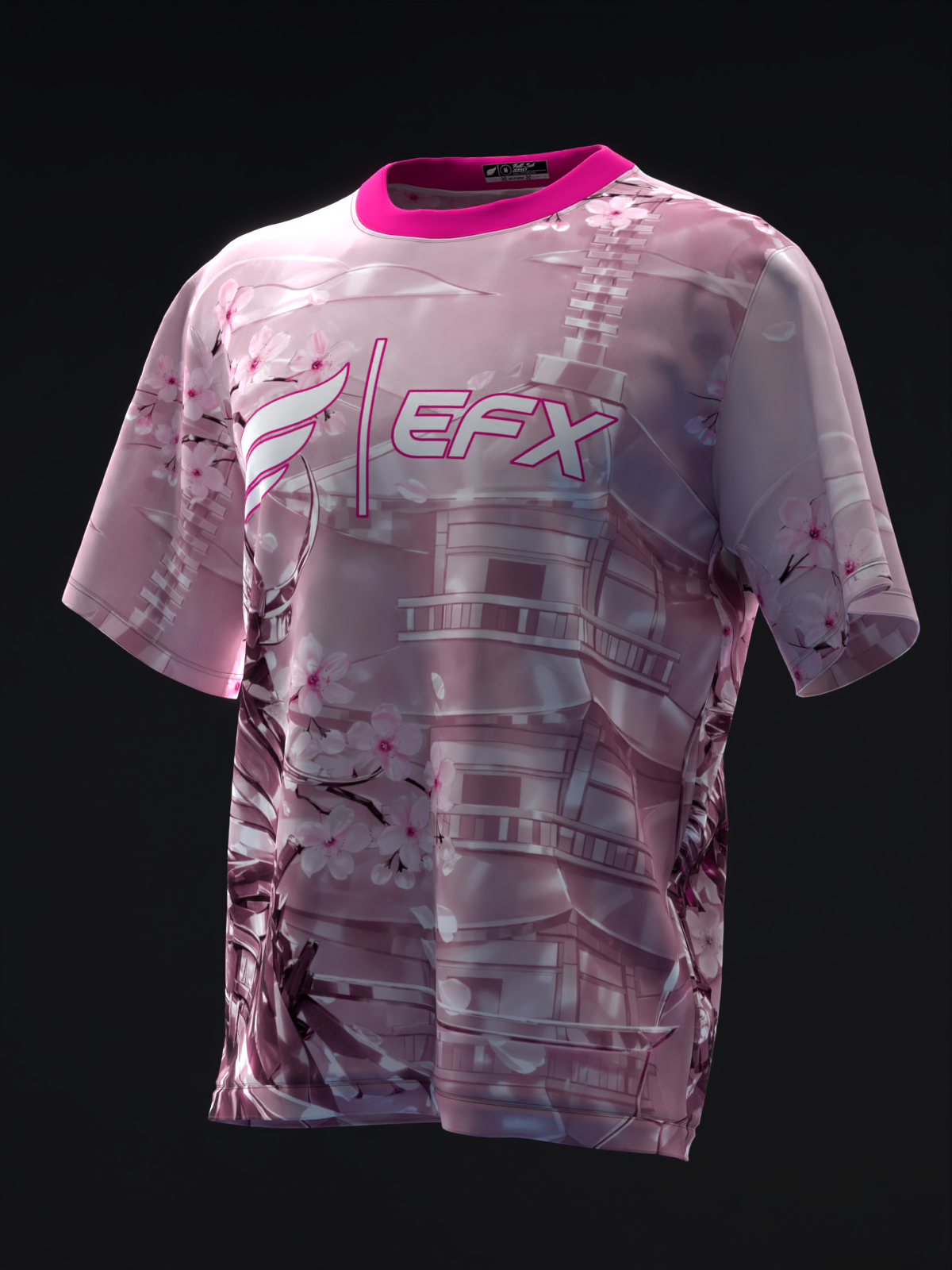 Pink bowling jersey with EFX logo and metallic samurai graphic design, front view
