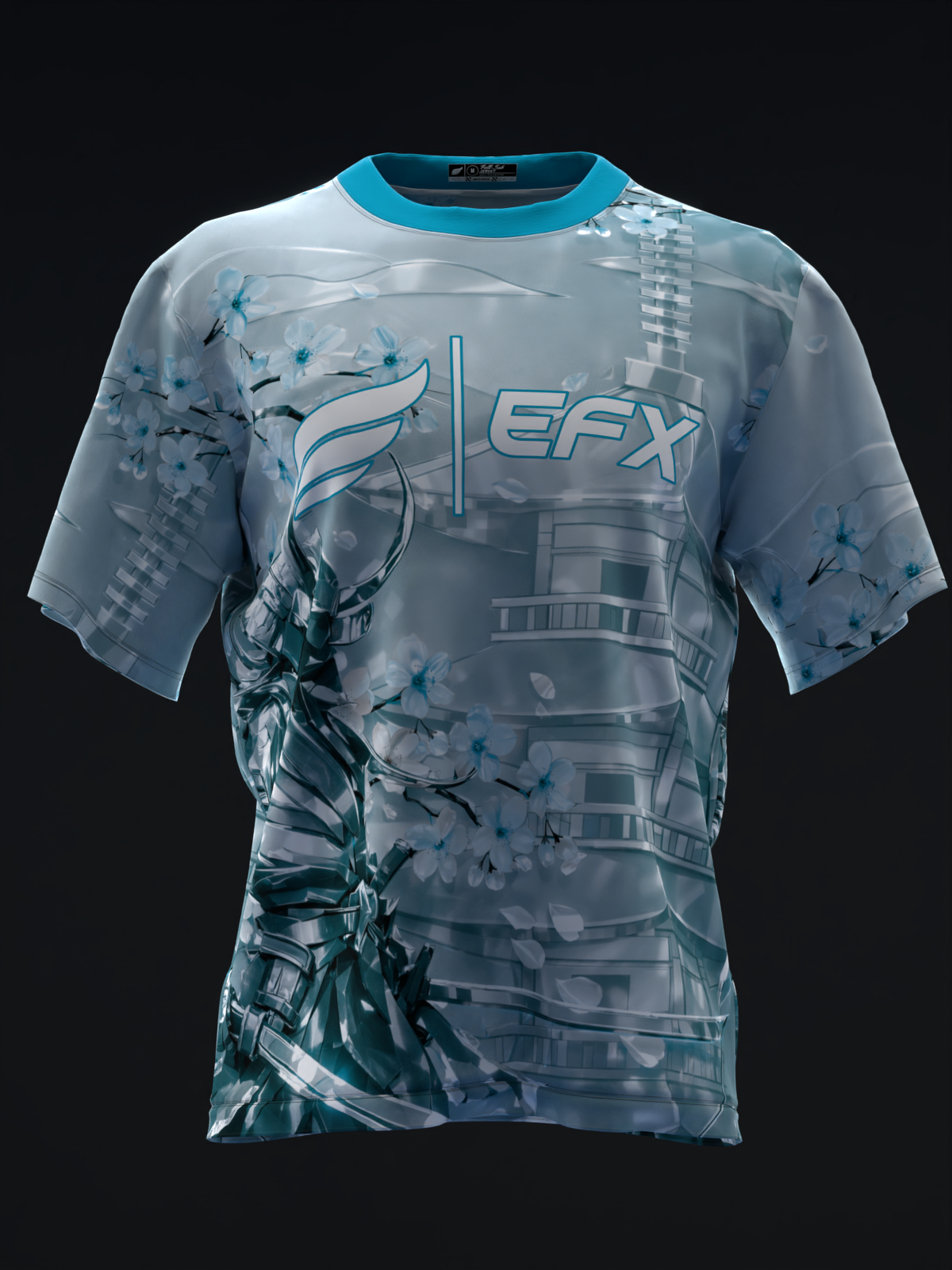 Light blue bowling jersey with EFX logo and metallic samurai graphic design